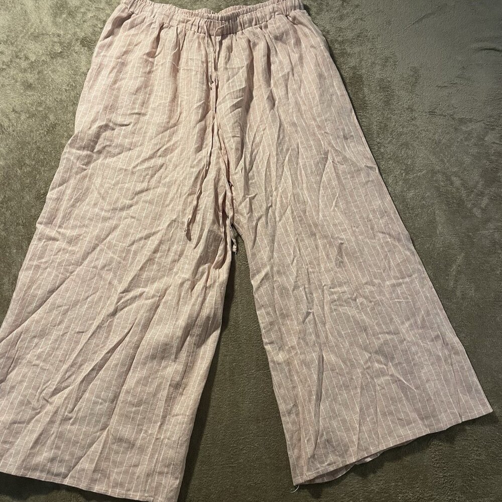Vince Camuto Pants Womens Large Linen Wide Leg Light Pink Pin Striped Stretch